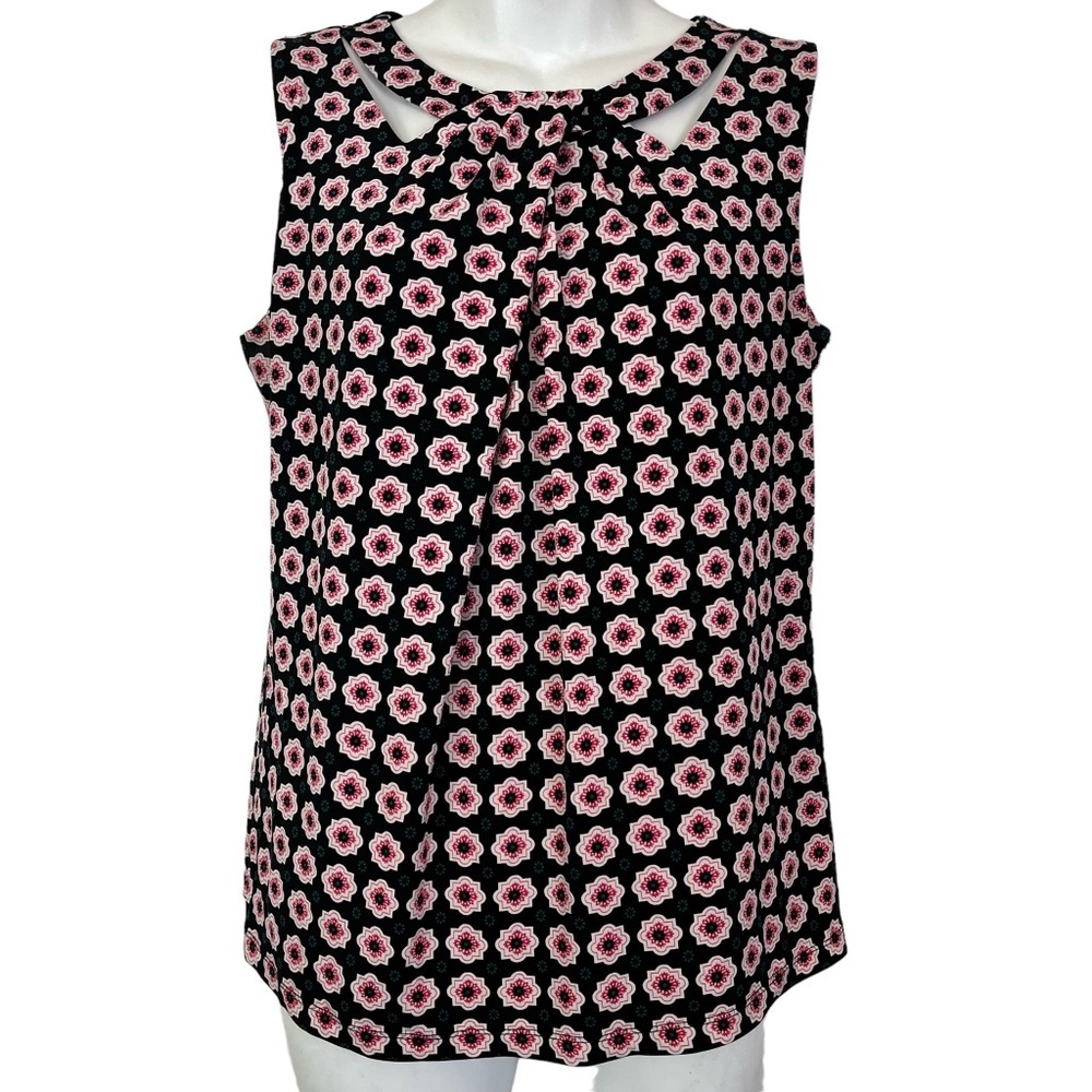 NINE WEST Jersey Knit Black Pink Teal Print Sleeveless Top Blouse Shirt sz M